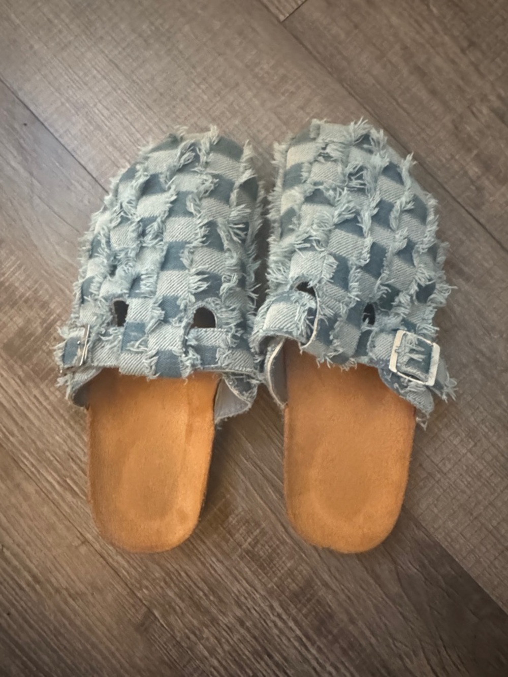 Frayed Denim Slide Sandals - Light Blue